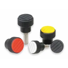 This knurled knob features a gray plastic body with a stainless steel threaded stud. The knurled surface provides a secure grip for manual clamping, positioning, and adjustment tasks on machinery and fixtures. The stainless steel thread offers corrosion resistance in industrial environments.