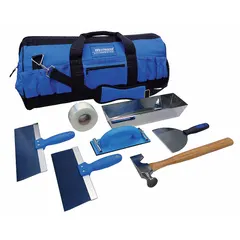 This kit includes a 9-inch sander for smoothing drywall compound and finishing joints. It is suited for beginners learning drywall finishing techniques, providing the basic tool needed for sanding surfaces before painting or texturing.