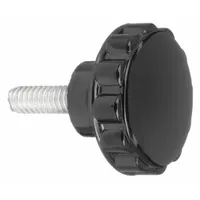 This fluted knob is made of thermoset material and features a threaded stud for secure mounting. It has a 1.25 in diameter, 3/8"-16 thread, and 50 mm thread length. Commonly used for manual adjustment and clamping on industrial machinery, panel doors, and equipment requiring a firm grip