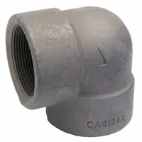 This 90° elbow is a threaded high-pressure pipe fitting made of steel with female NPT threads on both ends. It is rated for a maximum operating pressure of 2,000 psi at 150°F. Used to change direction in high-pressure piping systems for industrial applications such as hydraulics and pneumatics