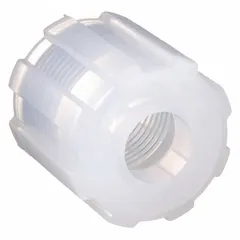 Flared fitting nut made from PFA for 3/8 inch OD tubing. Used with compatible flared tube ends to create leak-tight connections in fluid systems handling corrosive chemicals or high-purity fluids. Suitable for applications requiring chemical resistance.