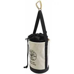 White canvas bucket bag with a 17-inch height, featuring a drawstring closure and a single handle with a snap hook. Designed for carrying tools and materials to job sites, the snap hook allows attachment to ladders or scaffolding for overhead work. No pockets.