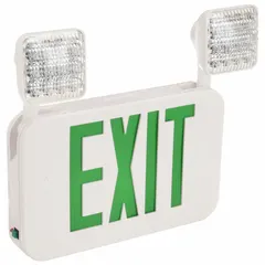 White plastic exit sign with two green LED faces and universal field selectable chevrons. Operates on 120/277V AC, ceiling/wall mountable, with nickel cadmium battery backup. Suitable for emergency egress illumination in commercial and industrial settings.