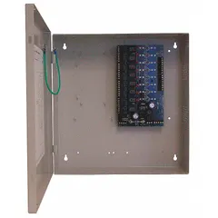 This power controller operates on 12/24V AC/DC input and is housed in a steel enclosure. It is used to manage power distribution for access control systems, such as powering locks and readers in security installations.