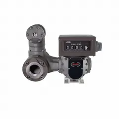 Positive displacement flowmeter for fuel transfer applications. Features a 6-digit mechanical display measuring in gallons with +/-0.5% accuracy. Housing is anodized aluminum. Suitable for use with fuel transfer pumps in fleet fueling, bulk plant, and tanker truck operations.