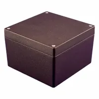 Die-cast aluminum enclosure with a solid screw-on cover, measuring 6 x 6 x 4 inches. Rated NEMA 1/12/13/4/4X for protection against dust, water, and corrosion. Suitable for housing electrical and electronic components in indoor or outdoor industrial settings. Closure via screws; knockouts not included