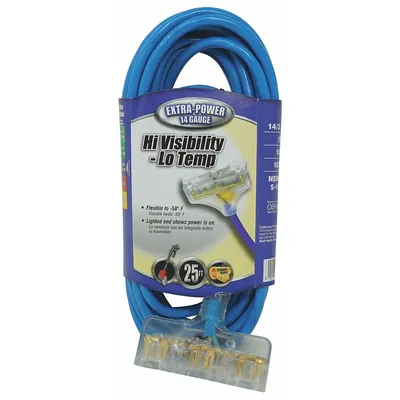 SOUTHWIRE Extension Cord: Outdoor Use, 25 ft Lg, 3 Outlets, 5-15P, 14/3, SJTW, Blue - Outdoor Extension Cords with Multiple Outlets