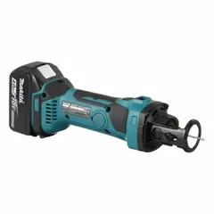 This cordless cut-out tool operates on 18V DC and delivers a maximum speed of 30,000 RPM. It accepts 1/4 in and 1/8 in collet sizes and includes an adjustable depth guide. Designed for precision routing and trimming in drywall, plywood, and similar materials, it is used for cutting outlet boxes, switch openings, and other recessed fixtures.
