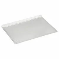 This one-half size sheet pan is made of aluminized steel with a glazed coating and open bead closure. The solid (non-perforated) construction is suited for baking, roasting, and food preparation in commercial kitchens. Color: Silver. Not NSF certified