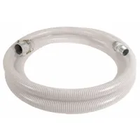 Clear PVC hose with PVC helix reinforcement for water suction and discharge. Rated for 50 psi, temperature range -10° to 130°F. Fitting size 4 in x 4 in. Suitable for industrial, agricultural, and construction water transfer applications