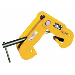 Steel beam lifting clamp for bottom flange mounting. Maximum jaw opening of 7 1/2 in and overall depth of 3 in. Used in construction, rigging, and industrial maintenance for lifting and positioning steel beams.