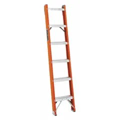 This 6 ft fiberglass straight ladder from LOUISVILLE LADDER is non-conductive and rated for 300 lb load capacity. It weighs 11 lb and features slip-resistant shoes for secure footing. Suitable for industrial access tasks where electrical safety is required.