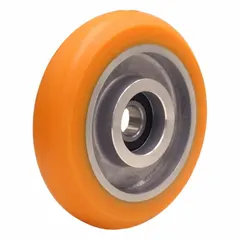 This HAMILTON wheel features an orange polyurethane tread on a steel core with Ergo-Tech™ tread shape. It has a 5 in diameter, 1 1/4 in width, and a load rating of 450 lb. Suitable for industrial carts, dollies, and material handling equipment requiring smooth rolling and floor protection.