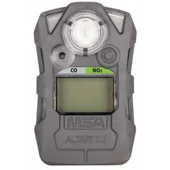 The MSA ALTAIR 2X is a rechargeable multi-gas detector with a gray housing and lithium battery chemistry. It detects carbon monoxide (CO) and nitrogen dioxide (NO2) and features an LED display. Suitable for personal safety in industrial environments such as confined spaces, refineries, chemical plants, and combustion applications.