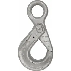 Self-locking hook for lifting and rigging applications. Made of alloy steel with a plain eye and silver finish. Rated 100 Hook Grade with a working load limit of 5,600 lb. Features visual indicator markings for deformation and max angle.