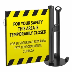 Retractable belt barrier system with a single mobile stand, 38-inch post height, and an 11 1/2-foot yellow round flat belt printed with 'Area Temporarily Closed' in black. Features a push-through latch for easy setup. Used for temporary crowd control and area delineation in industrial facilities, warehouses, and public spaces.