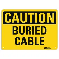 This plastic caution sign alerts personnel to buried cables, helping prevent accidental damage during excavation or maintenance. It features mounting holes for secure installation and is suitable for indoor or low-light environments where retroreflective or glow-in-the-dark properties are not required