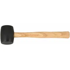 Rubber mallet with a 13 oz black head, 2 1/4 in diameter, and 3 in head length. Overall length is 13 in with a wood handle. Used for striking surfaces without marring, such as assembling furniture, seating bearings, or forming sheet metal.