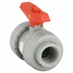 This CPVC ball valve features a straight, two-piece body with socket x FNPT connections and a lever handle for manual operation. It is used for on/off flow control in CPVC piping systems, suitable for applications requiring corrosion resistance.