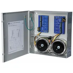 Steel-enclosed power supply board accepting 115V AC input. Converts AC to regulated DC output for powering security, access control, and industrial automation equipment.