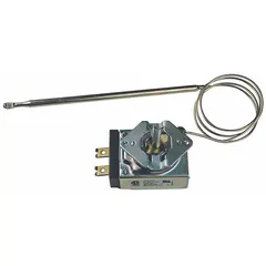 Electric thermostat for temperature regulation in commercial and industrial HVACR systems. Suitable for ovens, furnaces, and process equipment requiring precise electric control. Direct replacement for compatible controls.