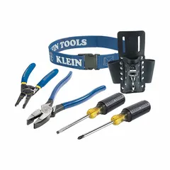 This 4-piece tool set includes a wire stripper, a Phillips screwdriver, and diagonal-cutting pliers, all housed in a tool pouch. Designed for electrical and telecom tasks such as wire stripping, cutting, and screwdriving. Suitable for residential, commercial, and industrial installations requiring a compact, portable kit.