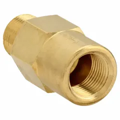 This brass inline piston check valve features a spring-loaded piston design for automatic backflow prevention. With 3/8 inch male NPT x female NPT connections, it is suitable for water, air, and light oil systems in vertical or horizontal piping.