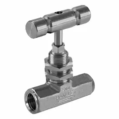 This HAM-LET needle valve features an integral bonnet and regulating stem for precise flow control of liquid media. Constructed from 316 stainless steel with female NPT connections on both sides, it meets ISO 2006(E) standards. Typical applications include instrumentation, sampling, and process control lines requiring reliable shut-off and metering.