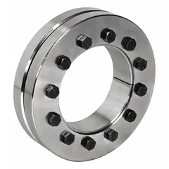 Metric shrink disc keyless bushing for 44 mm shaft diameter. Outer diameter 3 9/64 in, width 20 mm, oil dipped steel construction. Provides keyless mounting for power transmission components such as pulleys, sprockets, and couplings.