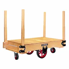 This platform truck features a wooden deck measuring 48 inches long by 30 inches wide with a height of 16 1/4 inches. It is equipped with two swivel casters of 8-inch diameter, providing high maneuverability for transporting loads in tight spaces. Suitable for material handling tasks in industrial environments.