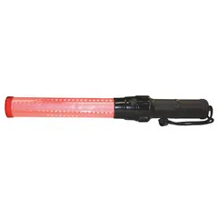 Red LED traffic baton powered by (2) batteries. Provides steady light with a maximum run time of 91 hours. Includes a wrist strap for secure handling. Used for traffic direction, crowd control, and safety signaling in industrial facilities, construction zones, and event management.