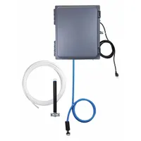 Stainless steel foam-dispensing sanitizer for entryways, operating on 120 V AC. Features a 1/2 in drain connection and no external water connection. Used to apply sanitizing foam to footwear or equipment in controlled access areas