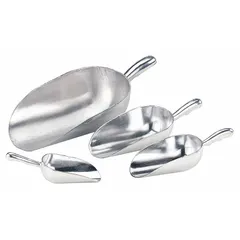 Cast aluminum scoop with 57 oz capacity, finished in silver. Suitable for portioning and transferring dry or semi-dry ingredients such as flour, sugar, and grains in commercial kitchens and food service operations. Not NSF certified.