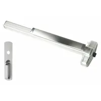 Rim-type exit device with touchbar style for doors up to 3 ft wide. Chrome finish with thumbpiece pull outside trim. ADA compliant for commercial egress applications