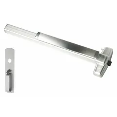 Rim-type exit device with touchbar style for doors up to 3 ft wide. Chrome finish with thumbpiece pull outside trim. ADA compliant for commercial egress applications.