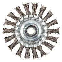 This twisted steel wire wheel brush is designed for heavy cleaning of contoured carbon steel surfaces. With a 4" diameter, 1/2" width, 3/8"-24 arbor, and 0.02" fill, it is suited for removing rust, scale, and weld splatter from irregular shapes without damaging the base metal