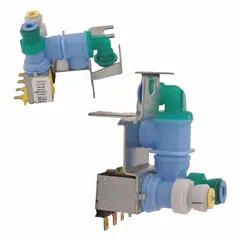 OEM replacement water valve for refrigerators and freezers. Controls water flow to the ice maker and water dispenser. Used in residential and commercial kitchen appliances.