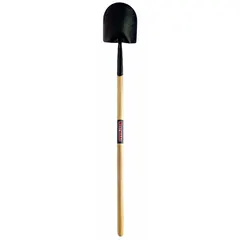 Round point shovel with a 14-gauge steel blade, black finish, and a 48-inch straight wood handle in natural color. Designed for general digging, trenching, and moving loose materials such as soil, gravel, or sand.