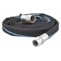 This 25-foot black EPDM hose assembly features spiral-plied synthetic fabric reinforcement and 3-inch x 3-inch fittings. Rated for 125 psi and temperatures from -25° to 200°F, it is suitable for water suction and discharge in industrial, construction, mining, and agricultural applications