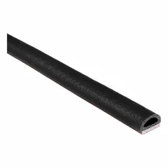 D-shaped EPDM foam rubber seal with high-strength self-adhesive backing. Black color, 500 ft roll. Used for sealing gaps, dampening vibration, and blocking dust or moisture in doors, panels, enclosures, and machinery.