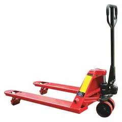 Pallet jack with 5,500 lb capacity, 48 in L x 27 in W fork dimensions, and 14 in width between forks. Fixed steel forks for standard pallet handling. Used for lifting and moving palletized loads in warehouses and industrial facilities.