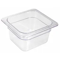 Rectangular steam table pan for holding, serving, and storing hot or cold food in commercial foodservice settings. NSF certified for food-contact safety. Dishwasher safe for easy cleaning. Overall dimensions: 7 in length, 6 1/4 in width