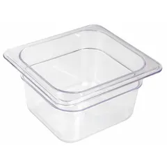 Rectangular steam table pan for holding, serving, and storing hot or cold food in commercial foodservice settings. NSF certified for food-contact safety. Dishwasher safe for easy cleaning. Overall dimensions: 7 in length, 6 1/4 in width.