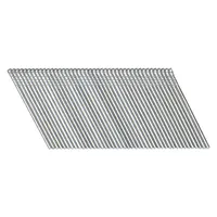 Collated finishing nails with a chisel point, 1.5 inches long, plain finish, T head, smooth steel. Suitable for trim, molding, and cabinetry applications requiring a flush finish