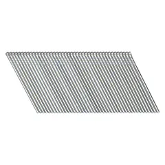 Collated finishing nails with a chisel point, 1.5 inches long, plain finish, T head, smooth steel. Suitable for trim, molding, and cabinetry applications requiring a flush finish.