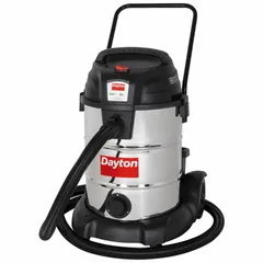 This DAYTON heavy-duty vacuum features a 16-gallon stainless steel tank for corrosion resistance and HEPA filtration for fine dust capture. It includes a 1 7/8-inch diameter, 12-foot hose and a push handle for mobility. Suitable for wet/dry pickup in industrial cleanup tasks.