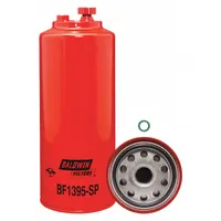 Spin-on fuel filter with cellulose media, 4 5/16 in outside diameter, and 1"-14 thread size. Includes a 1/2-20 sensor port thread. Used in diesel engine fuel systems for buses and heavy-duty trucks