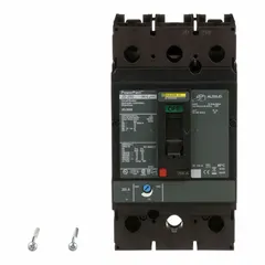 This 200 A molded case circuit breaker is part of the JD series, with a maximum AIR rating of 25kA at 240V AC. It features an adjustable instantaneous trip and line/load lug terminal connections. Suitable for overcurrent protection in electrical distribution systems, it can be used for branch circuit or feeder protection where adjustable trip settings are needed.