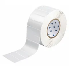 Precut label roll measuring 3 13/64 in x 1 in, made of metalized polyester with metal-detectable properties. Compatible with THT printer series. Used for industrial identification in environments where metal detection is required to locate lost labels and prevent contamination.