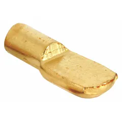 This shelf support is made of steel with a brass-plated finish, designed for holding shelves in cabinets, bookcases, or display units. Each pin supports up to 25 lb. The pack includes 8 pieces, each measuring 13/64 in high and 11/16 in long.